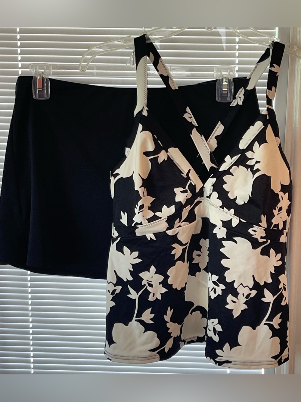 Lands' End Black & White Floral Tankini with Skirt